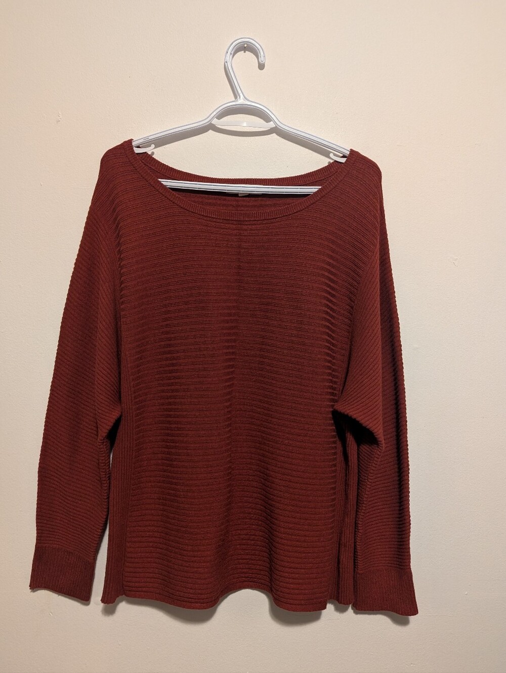 Rust Brick Red Ribbed Knit Dolman Batwing Sweater Minimalist Corporate Chic L